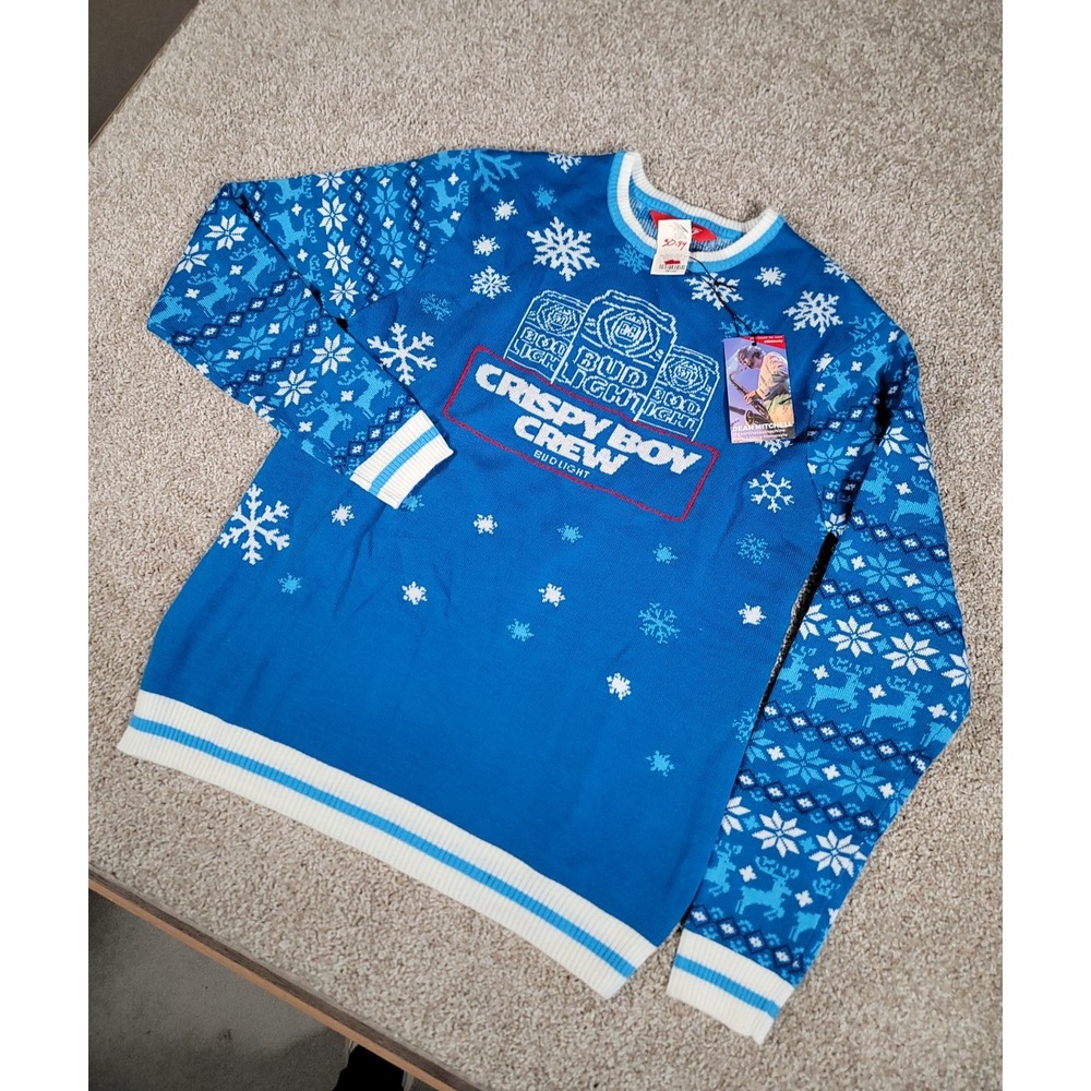 Shinesty Sweater Mens Medium Blue Holiday Bud Light Festive Ugly Christmas NWT